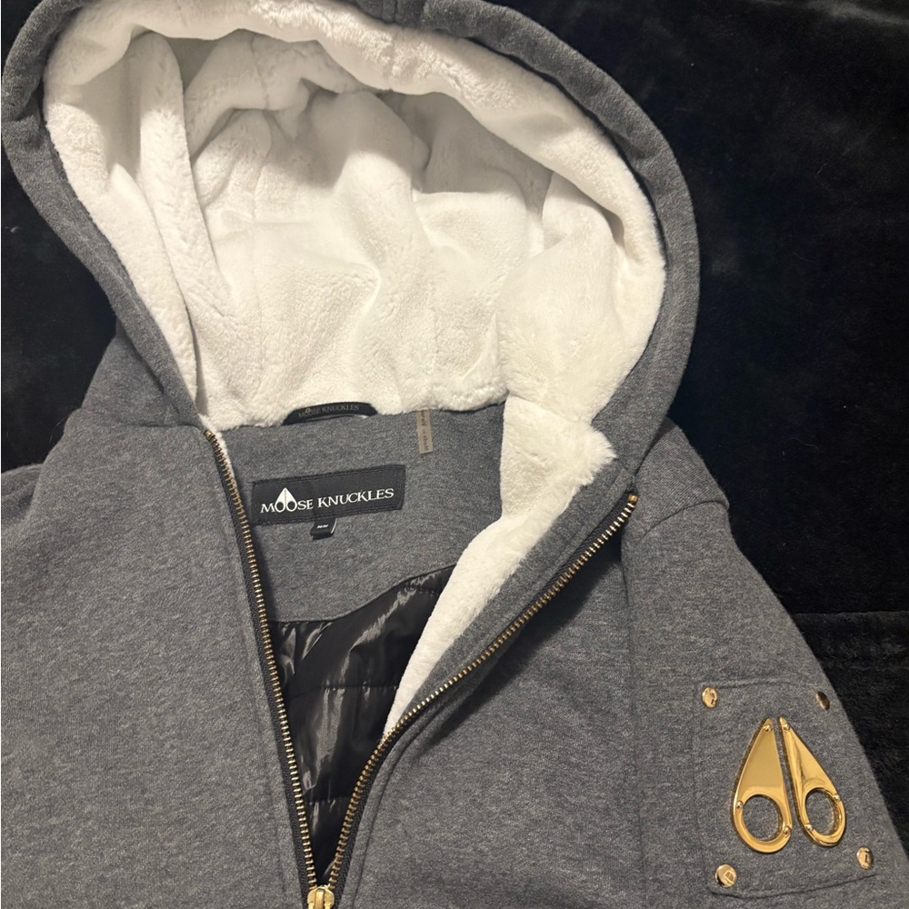 Moose Knuckles Gray Hoodie with Gold Accents